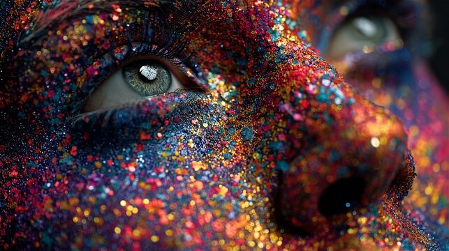 A captivating close-up of a woman's face, adorned with intricate, brightly colored, glowing face paint designs.