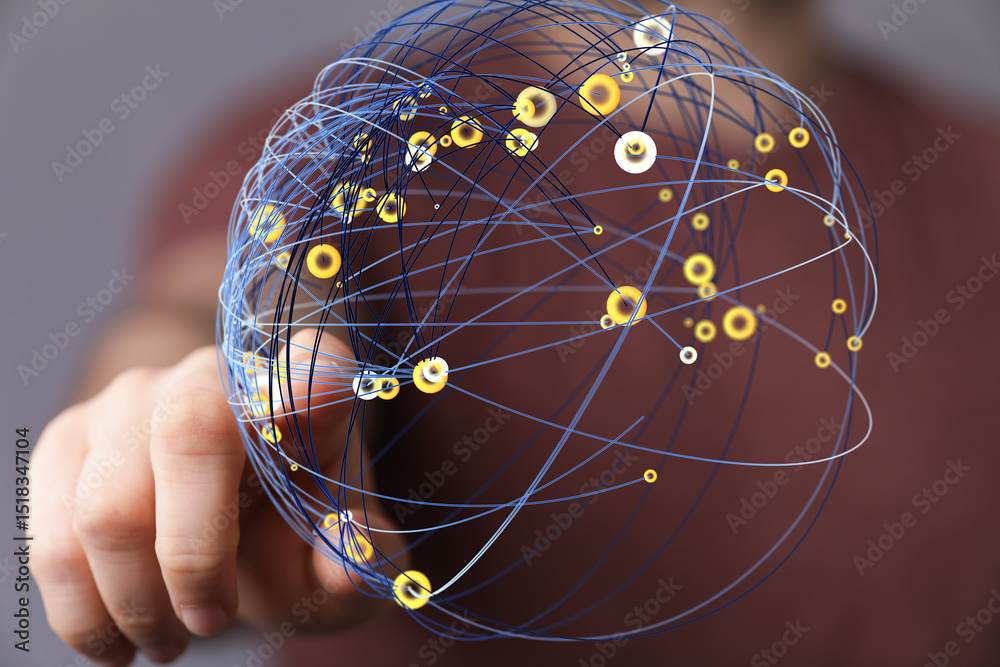 Poster abstract image of a person interacting with a digital network sphere. ideal for technology, connecti