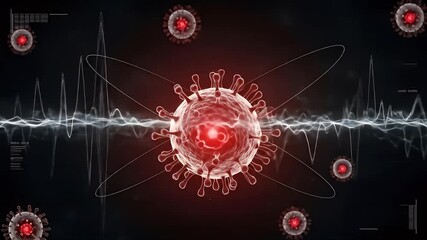 Cinematic virus particle motion in dark scientific digital background with floating data and glowing molecular waves - Powered by Adobe