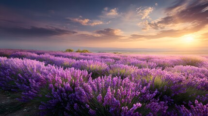 Obraz premium Beautiful landscape of lavender field in full bloom under cloudy sunset sky