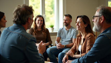 An image of a support group meeting, with people sharing their stories and offering encouragement to each other.