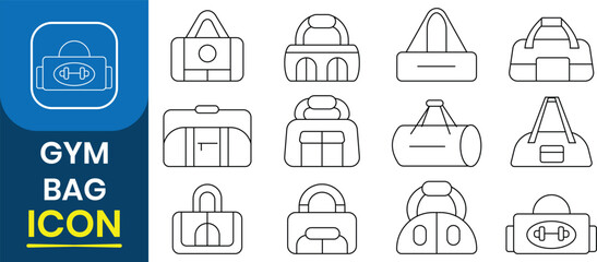 Gym bag icon, design vector set. Handbag for fitness sport activity clothes. Vector illustration. 