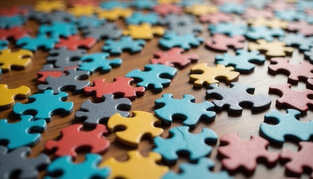 Colorful jigsaw puzzle pieces scattered on wooden surface