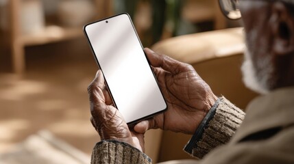 Senior man using smartphone with white screen mockup at home