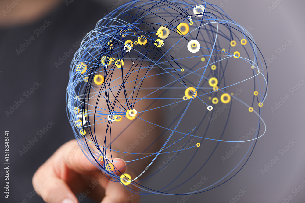 Poster abstract image depicting a global network, connections, and digital sphere. ideal for technology, co