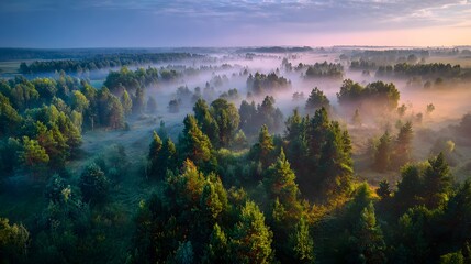 Beautiful landscape of misty pine forest valley at sunrise, soft golden light