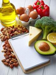 Colorful ingredients and a notepad ready for a healthy recipe preparation session