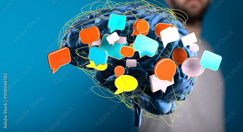 Poster abstract image of a brain with speech bubbles, representing communication, ideas, and mental process