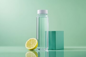A transparent reusable water bottle with a white cap stands next to a halved lemon and a green block on a pastel green surface