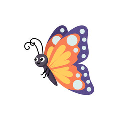 Colorful butterfly with patterned wings and smiling face. Flat cartoon illustration perfect for spring, children’s materials, or cute insect collections