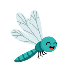 Cute turquoise dragonfly with smiling face and transparent wings. Flat cartoon style, perfect for kids’ designs, educational materials, or nature illustrations