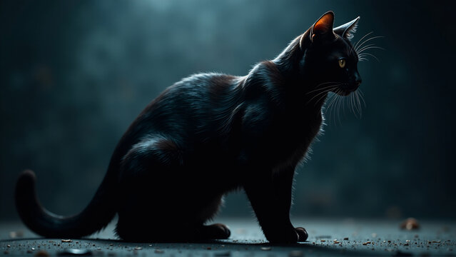 A stylized image of a black cat, emphasizing its sleek form and mysterious nature, suitable for Halloween or other themed content.
