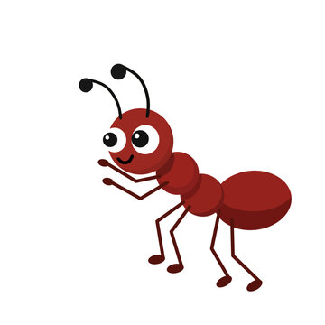 Red cartoon ant with big eyes and six legs, smiling cheerfully. Simple flat vector perfect for children&rsquo;s projects, books, or bug-themed designs