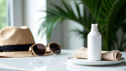 sunscreen blank mock up, towel and sunglasses. white table top concept tourism, vacation, holiday at sea and beach. light sunny hotel background, palm branch