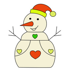 Cute vector snowman with heart decorations and a red-yellow Santa hat. Festive winter character perfect for holiday cards, kids’ projects, and seasonal designs.