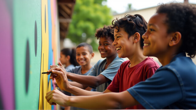 A diverse group of young people engaged in a collaborative project, such as creating a mural, planting a community garden, or participating in a workshop.