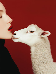 Minimal Fashion Portrait of a Woman with White Lamb on Red Background