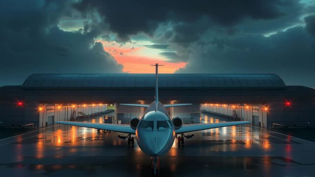 Modern Business Aircraft at Hangar During Stormy Twilight