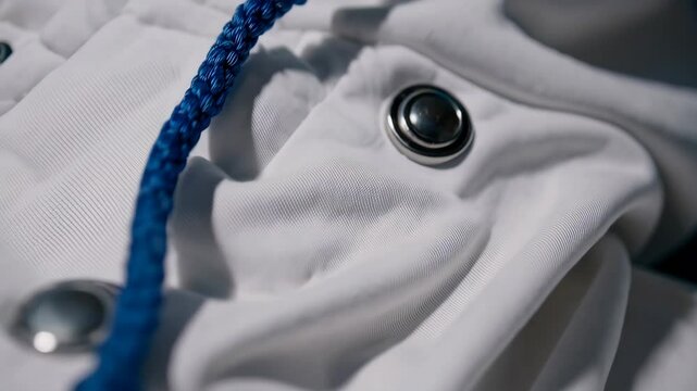 Close-up of white windbreaker jacket with blue drawstring and metallic eyelets, highlighting fashion detail, activewear, and modern sportswear aesthetic