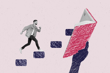 Collage of young person girl man enthusiastically running up steps toward an open book symbolizing...