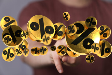 3D rendered image of gold percentage symbols. Perfect for sale banners, discount promotions.