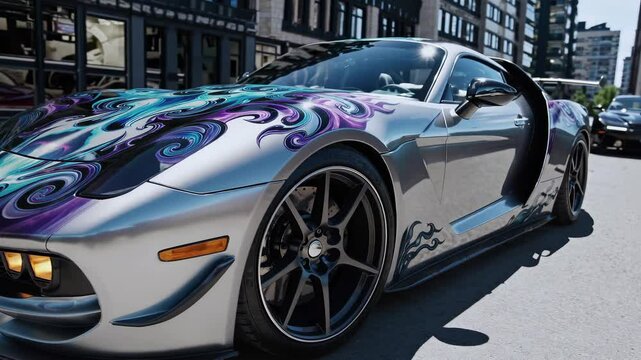 Customized sports car with vivid airbrush artwork on hood stands parked in city street. Cars unique paintwork captures attention with bold artistic expression