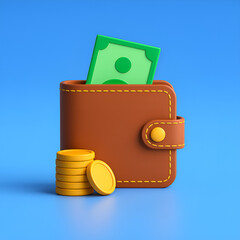 3D Render of Wallet with Cash and Coins – Digital Finance and Banking Concept