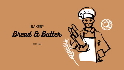 Sketch baker with fresh baguettes banner. Hand drawn vintage vector illustration