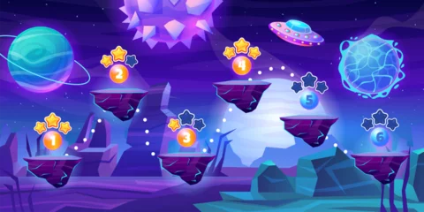 Selbstklebende Fototapeten Violett Space game level. Alien planet mobile fantasy online game map, astronaut spaceship flying platform route galaxy cosmic trip 2d computer videogame cartoon swanky vector illustration  © ssstocker