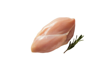 A skinless chicken breast on a white background, sits adjacent to a small sprig of green rosemary