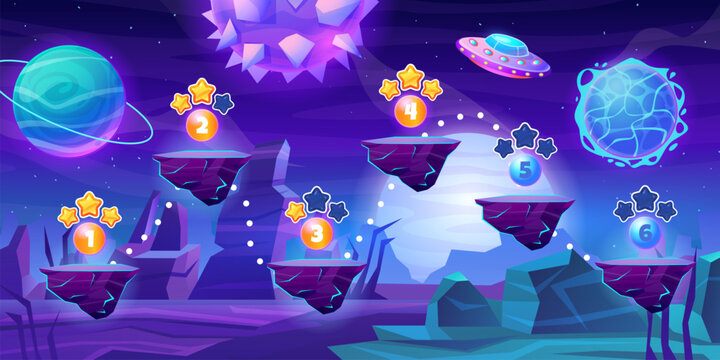 Space game level. Alien planet mobile fantasy online game map, astronaut spaceship flying platform route galaxy cosmic trip 2d computer videogame cartoon swanky vector illustration