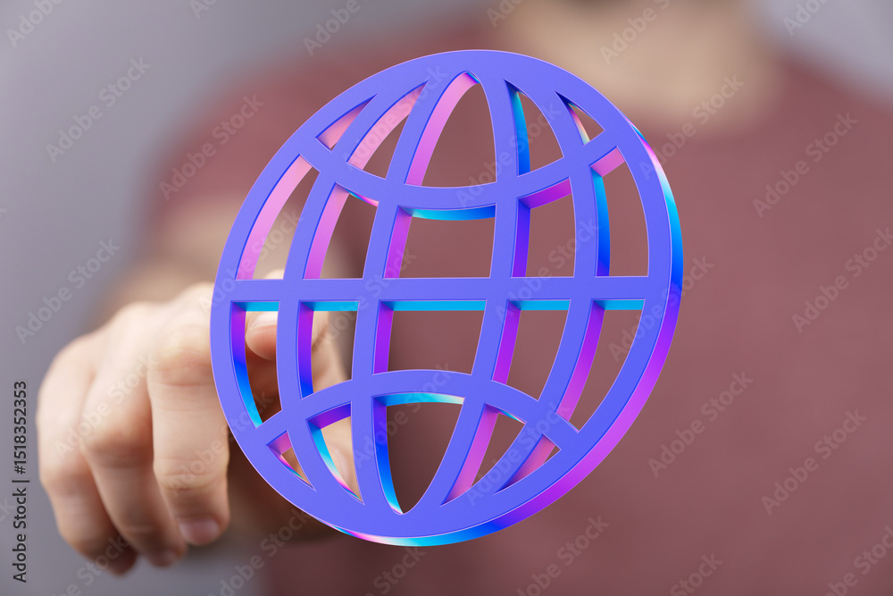 Poster Abstract image of a hand interacting with a vibrant 3D globe icon, symbolizing global connectivity and networking.