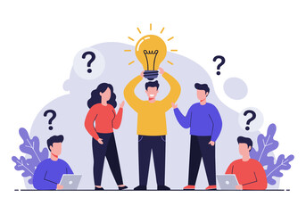 Flat vector A group of people, represented by a man with an idea and the others with questions