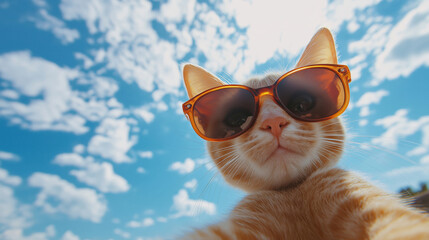 Funny cat wearing sunglasses taking selfie under blue sky