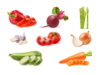 Realistic vegetables food. 3d vegetable set, onion pepper asparagus salad slice ingredients vegan bio natural diet nutrition grocery agriculture harvest, exact vector illustration