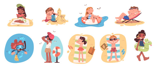 Beach children characters. Cartoon kids funny character summer vacation, child in swimsuit play on sea sand water game sun bath swim with inflatable ring classy vector illustration
