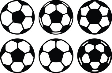 Collection of Six Stylized Soccer Balls in Black and White Illustration