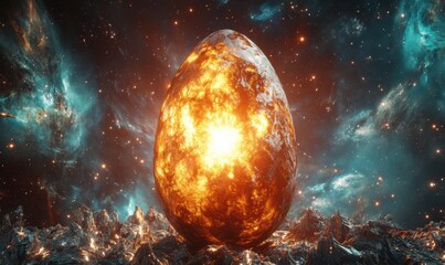 Cosmic egg glowing, space nebula background, fantasy art, science fiction