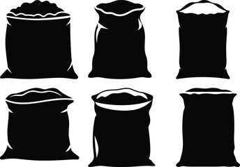Six black and white simple silhouette illustrations of sacks filled with contents