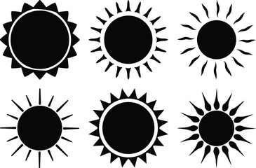 Various black and white sun icons representing different sun designs graphic element