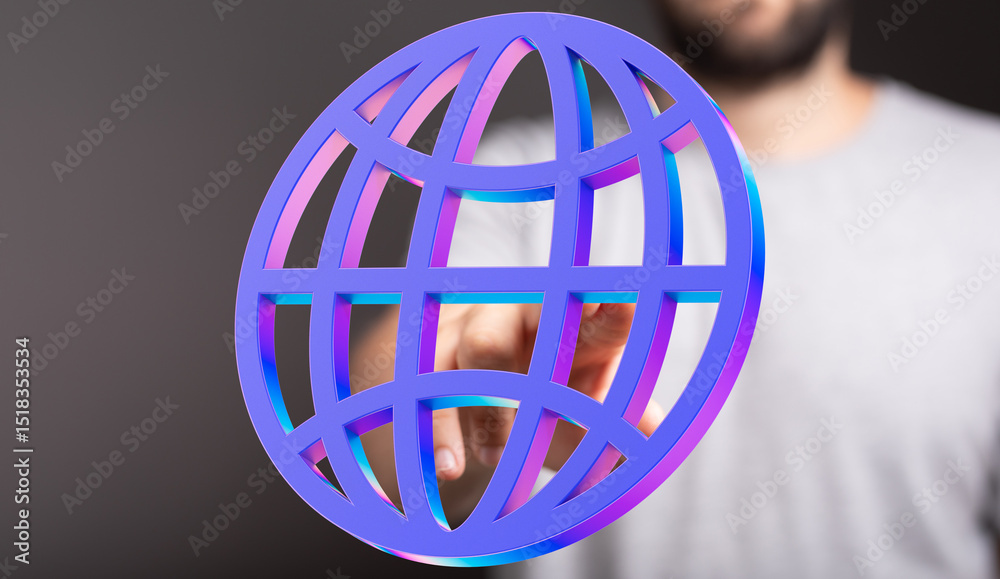 Poster abstract image of a hand reaching towards a vibrant 3d global network icon. perfect for technology, 