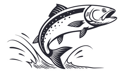 Jumping Salmon Fish Engraving Vector – Vintage Fishing Logo, Trout Sketch Illustration on White Background