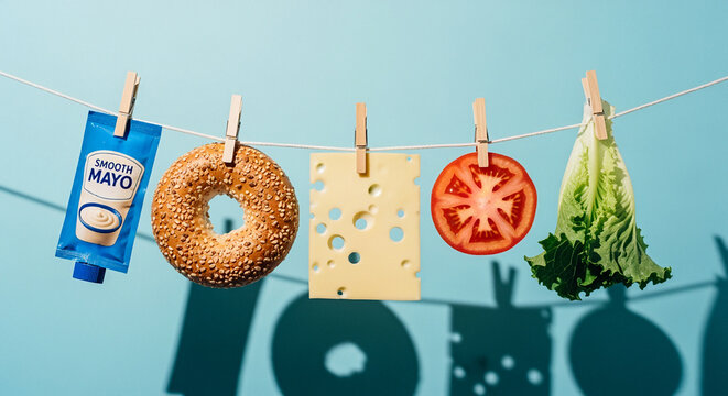 Bagel, cheese, tomato, lettuce, and mayonnaise packets hanging on a clothesline against a blue background.