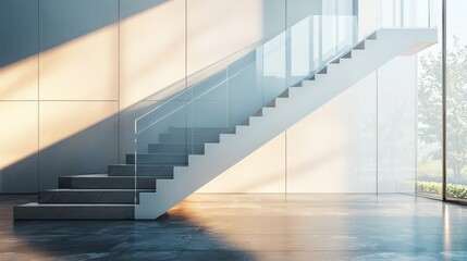 Obraz premium Modern Minimalist Staircase Design, Sunlight Streaming Through Large Windows