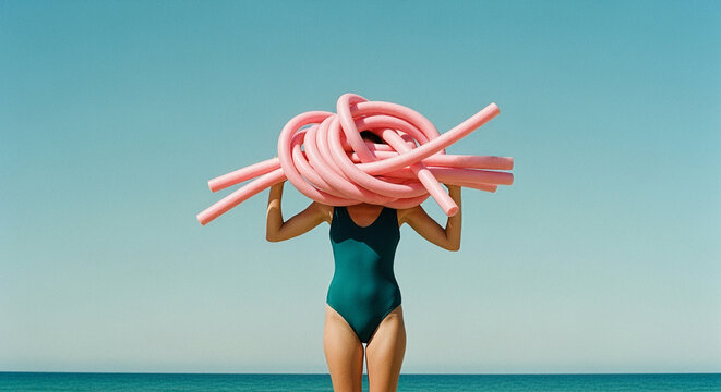 Woman in swimsuit concealing face with pink pool noodles at the beach