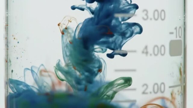 Colorful chemical reaction in slow-motion in a glass beaker 