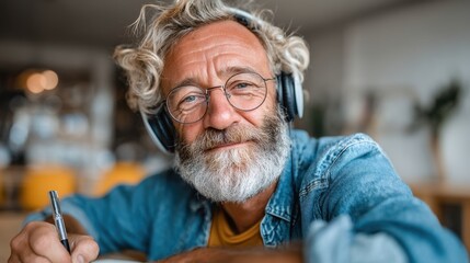 Senior man writes notes while listening to music in a cozy cafe with warm atmosphere