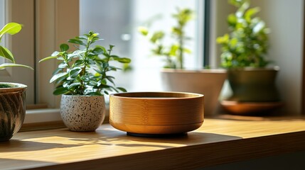 Wooden bowl on windowsill with plants