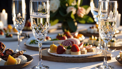 Elegant champagne glasses and fruit platter decorate refined celebration table, ready for toast. Sparkling champagne and soft lighting evoke festive, upscale atmosphere