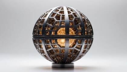 a miniature Dyson sphere segment concept, with intricate, glowing patterns on its inner